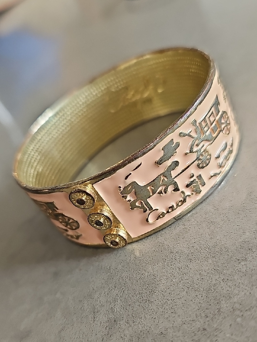 Y2K Coach Horse & Carriage Cream & Gold Tone 1" Thick Bangle